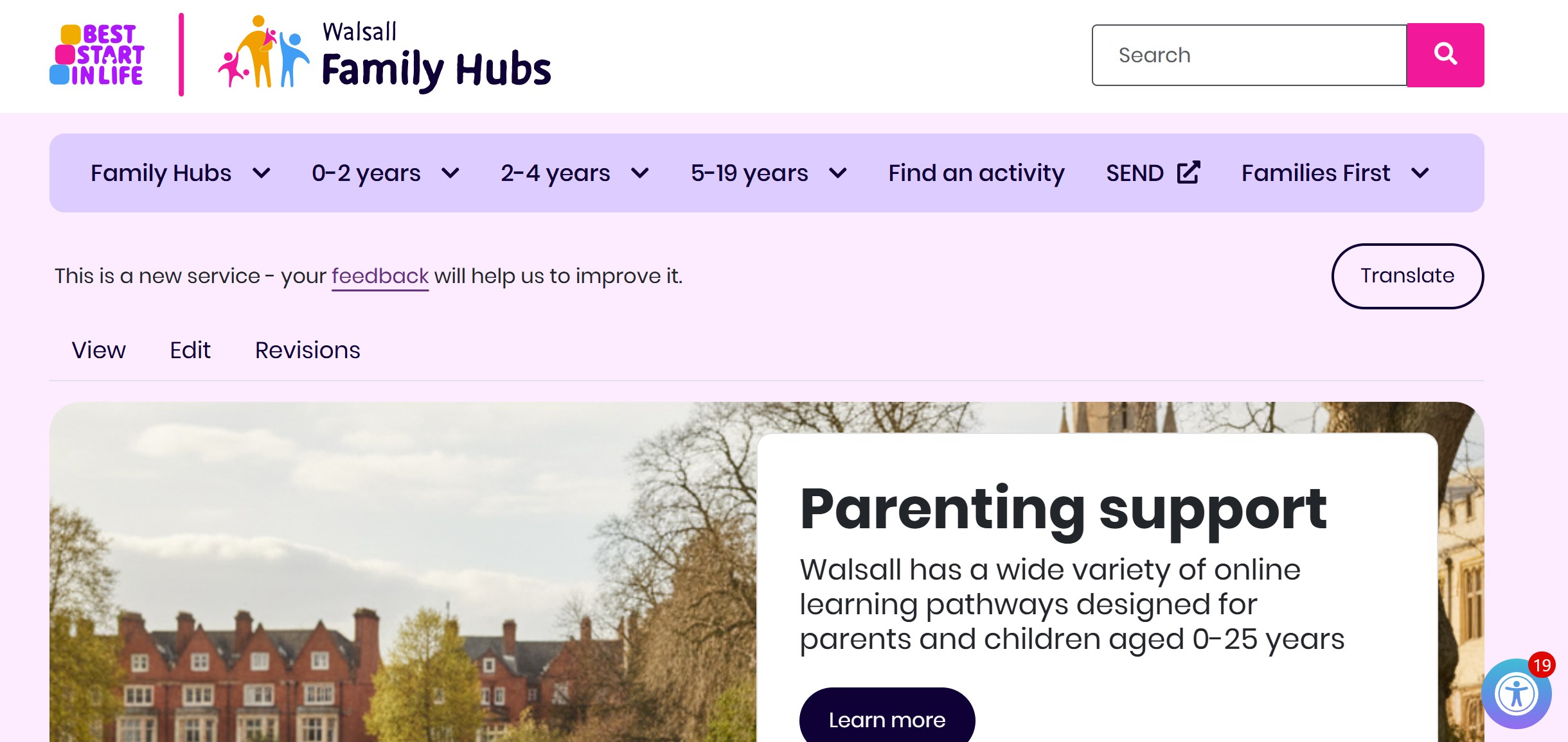 screenshot of a new family hub website