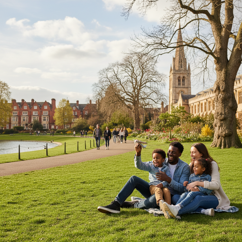 Family sat on the grass in a park